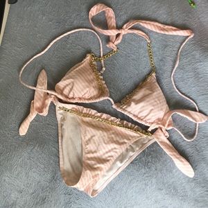Victoria’s Secret pink white stripe chain bikini